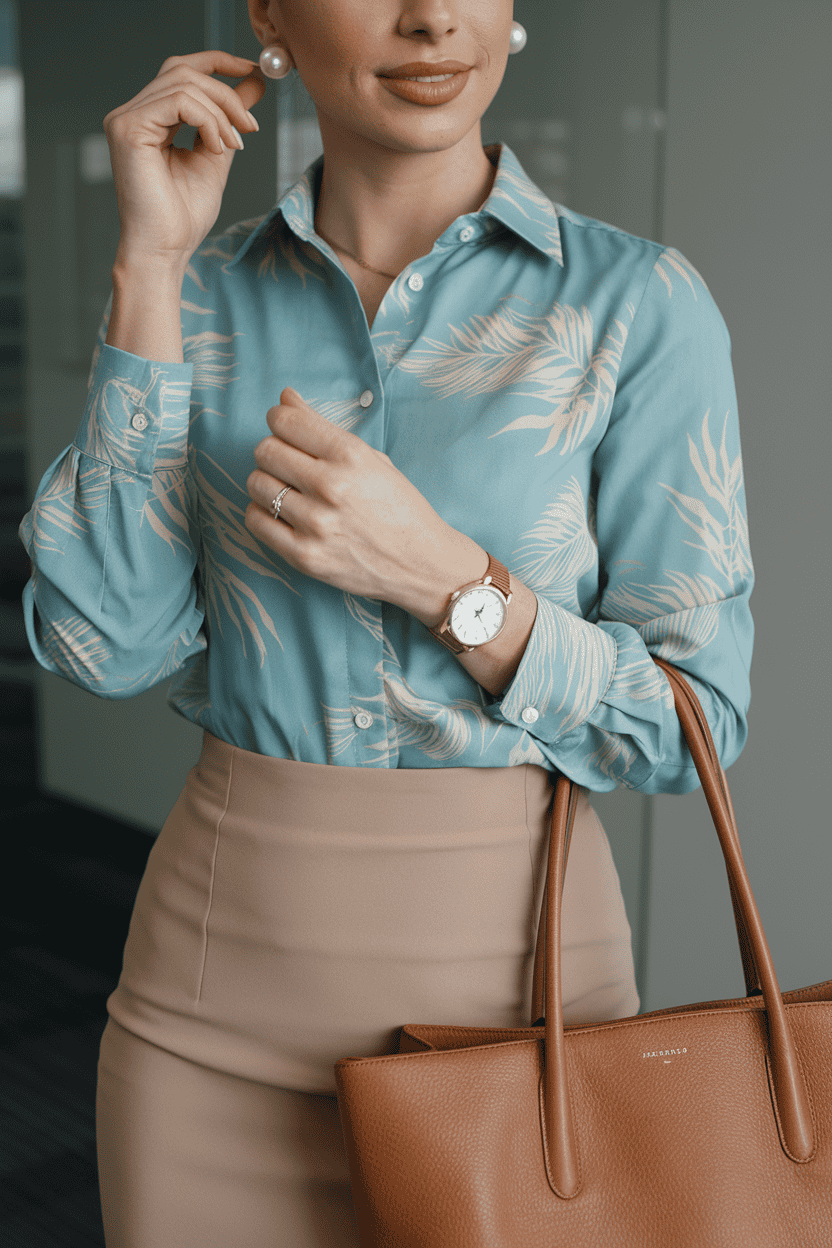 Professional woman in stylish summer attire with pearl earrings and a leather tote bag.