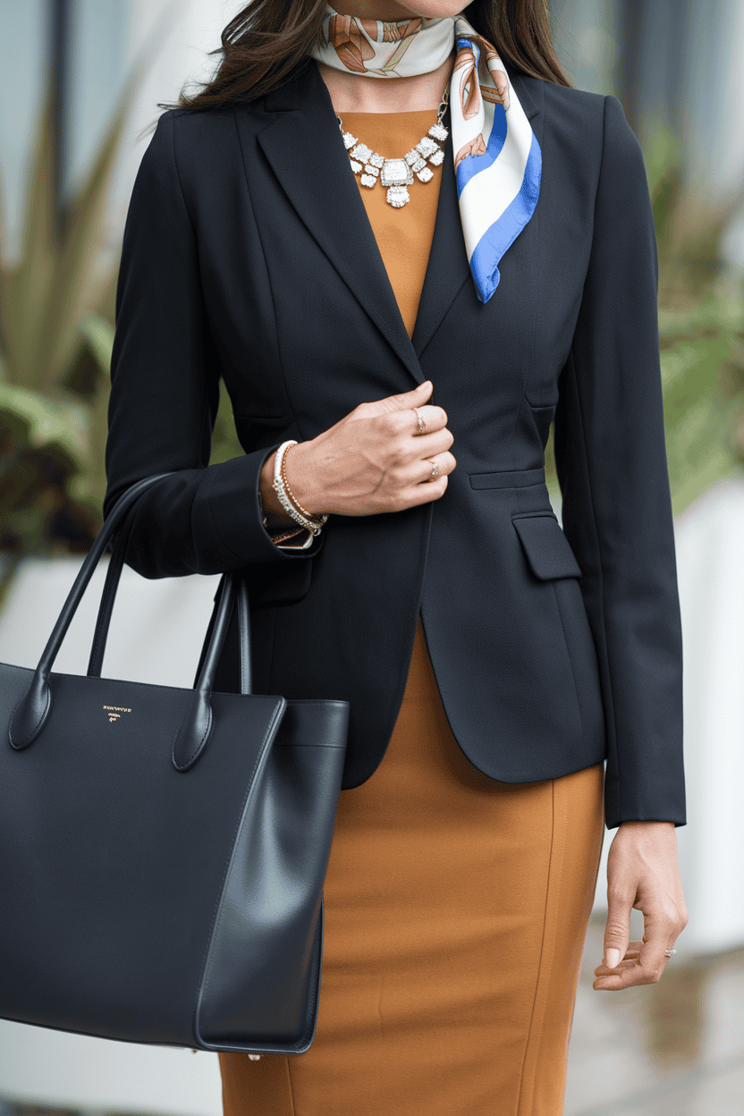 Elegant business woman in stylish blazer and dress, showcasing professional sophistication outdoors.