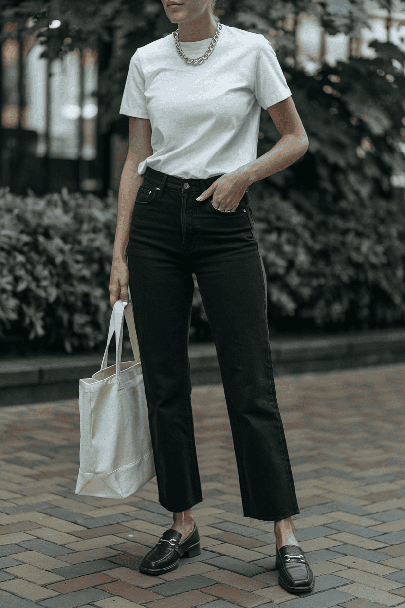 Young woman in casual chic fashion with tote bag, standing confidently in a green urban setting.