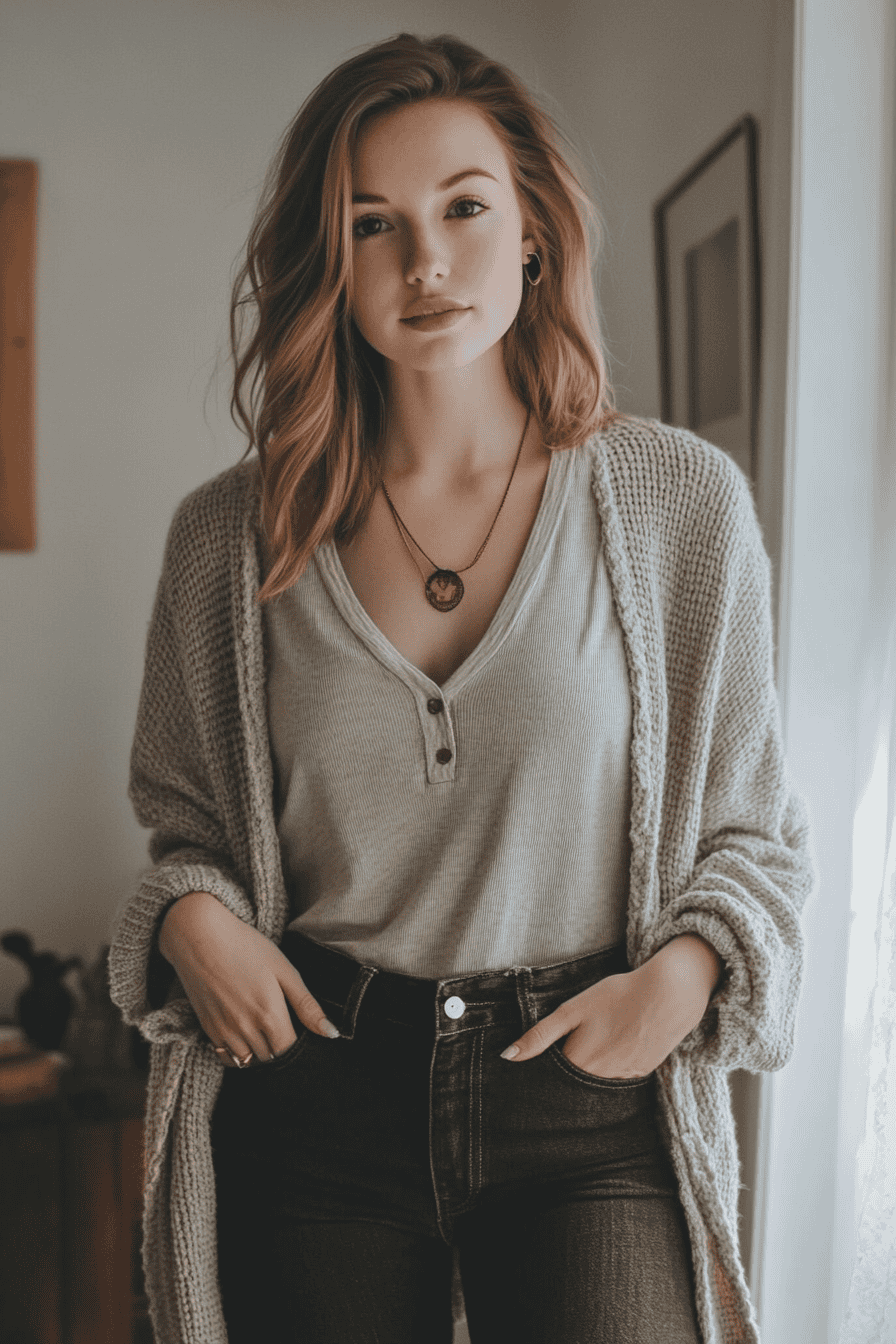 Young woman in cozy knit cardigan and black jeans, relaxed in stylish modern home interior.