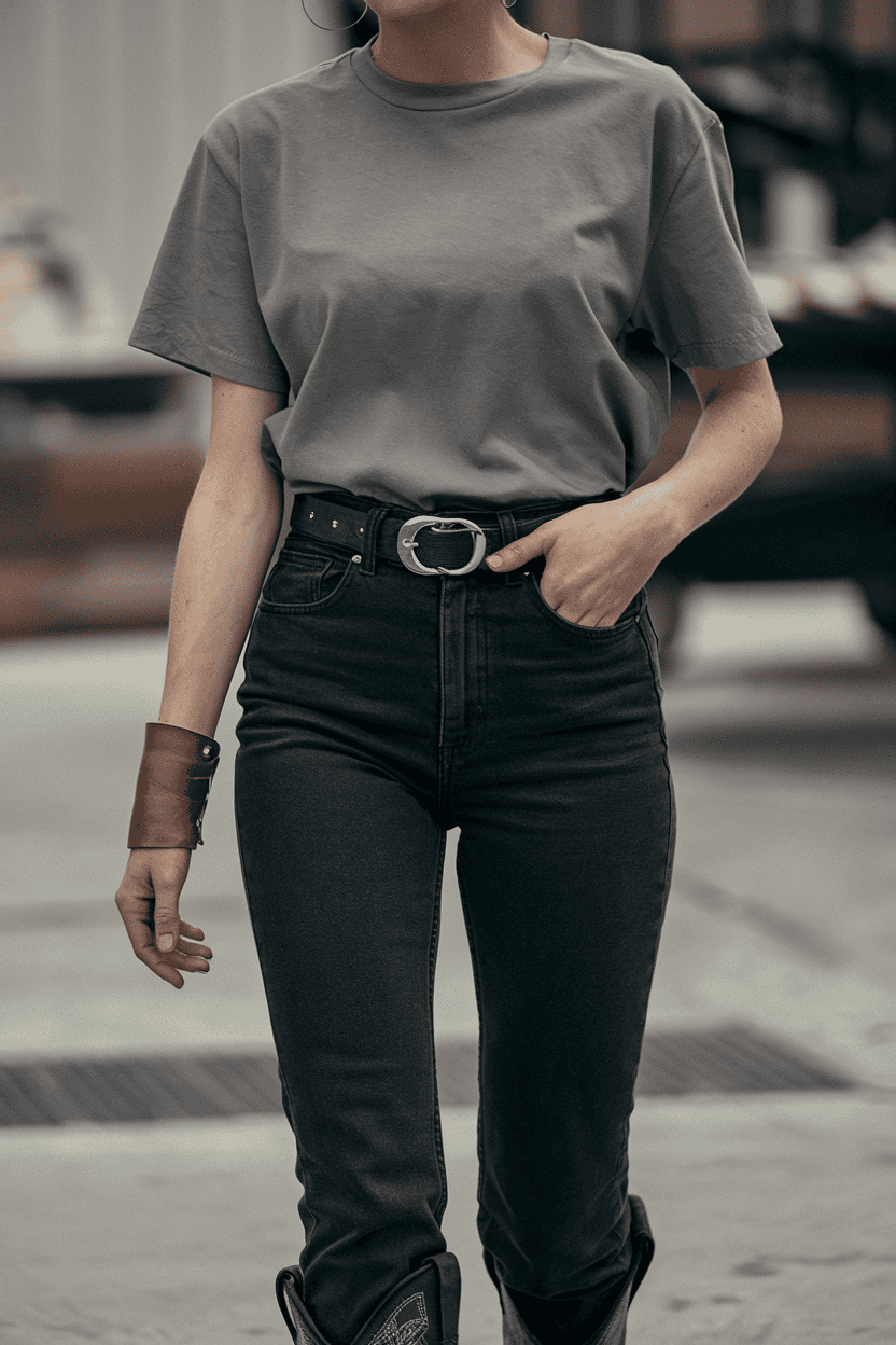 Casual edgy fashion featuring a stylish woman in gray t-shirt, black jeans, and cowboy boots.