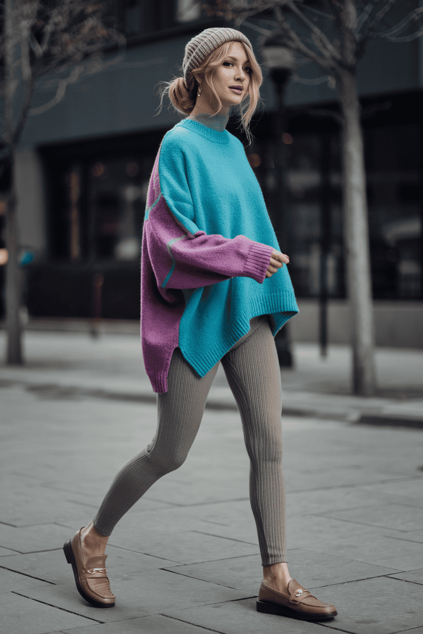 Young woman in oversized sweater and leggings stylishly walks city street in autumn.