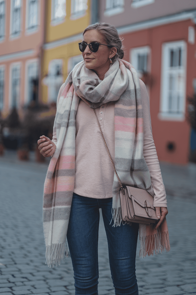 Stylish woman in pastel outfit strolls cobblestone street with chic scarf and crossbody bag.