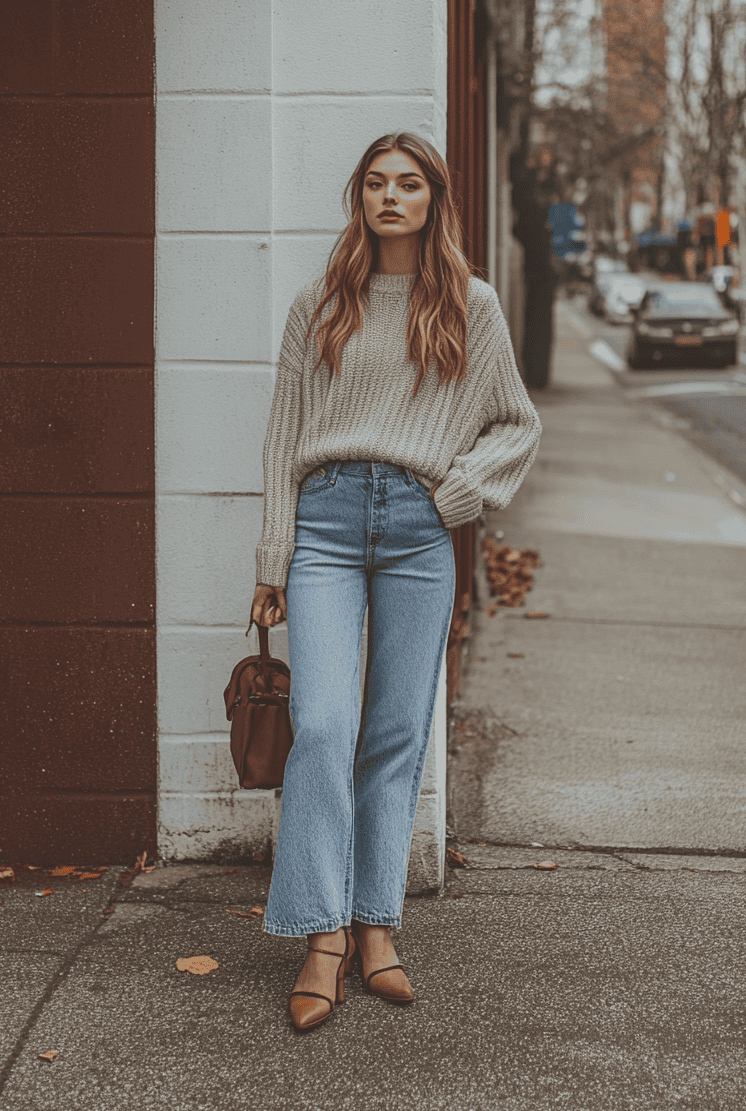 Trendy woman in beige sweater and flared jeans, fall street style fashion in city.