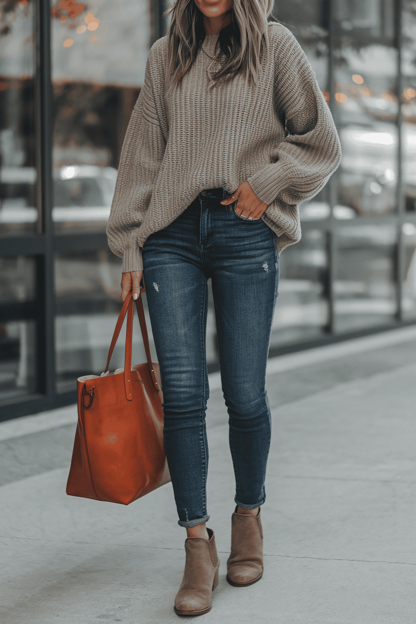 Stylish woman in oversized sweater and jeans walking confidently in an urban setting.