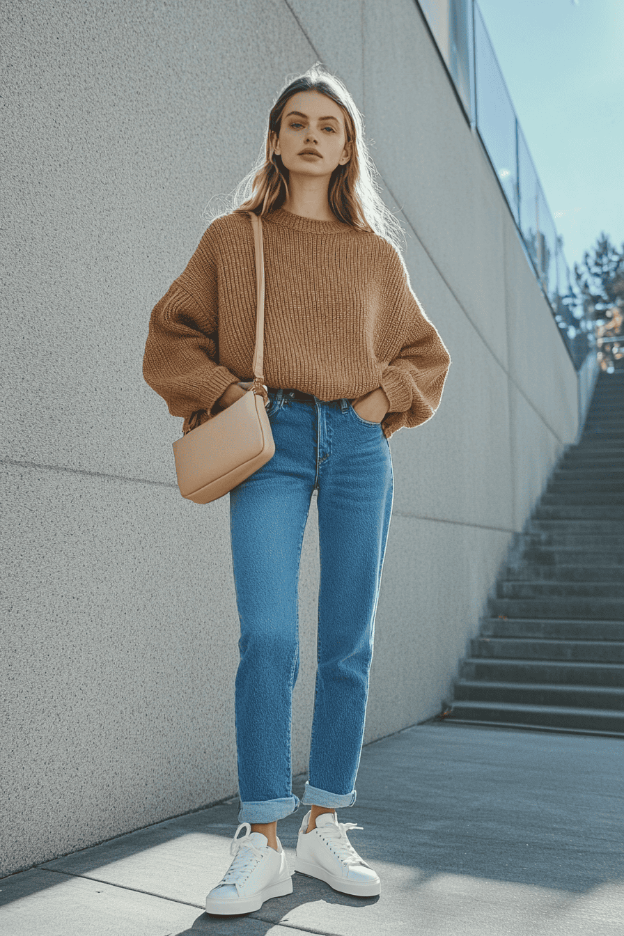 Woman in brown sweater and blue jeans with white sneakers, casual street style outfit.