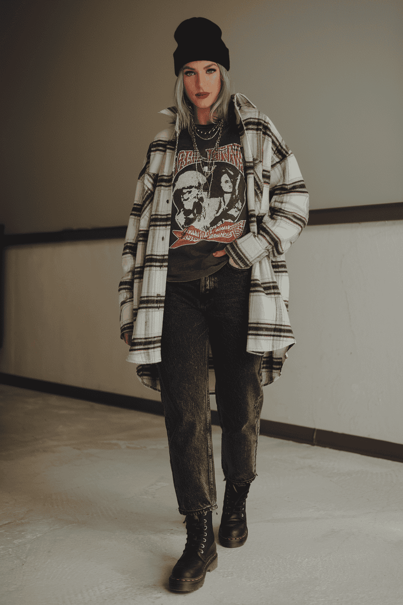 Stylish young woman in casual punk fashion with graphic tee, plaid shirt, and black boots.