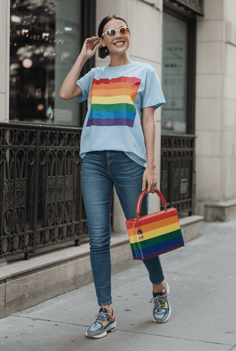 Young woman in rainbow graphic tee and denim jeans poses confidently in urban fashion scene.