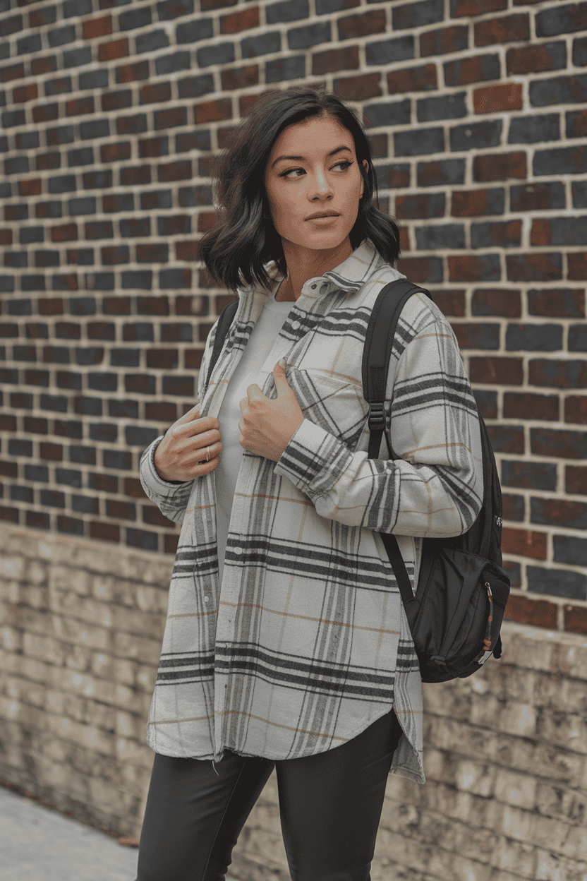 Casual stylish woman in plaid shirt and leggings stands against a textured brick wall.