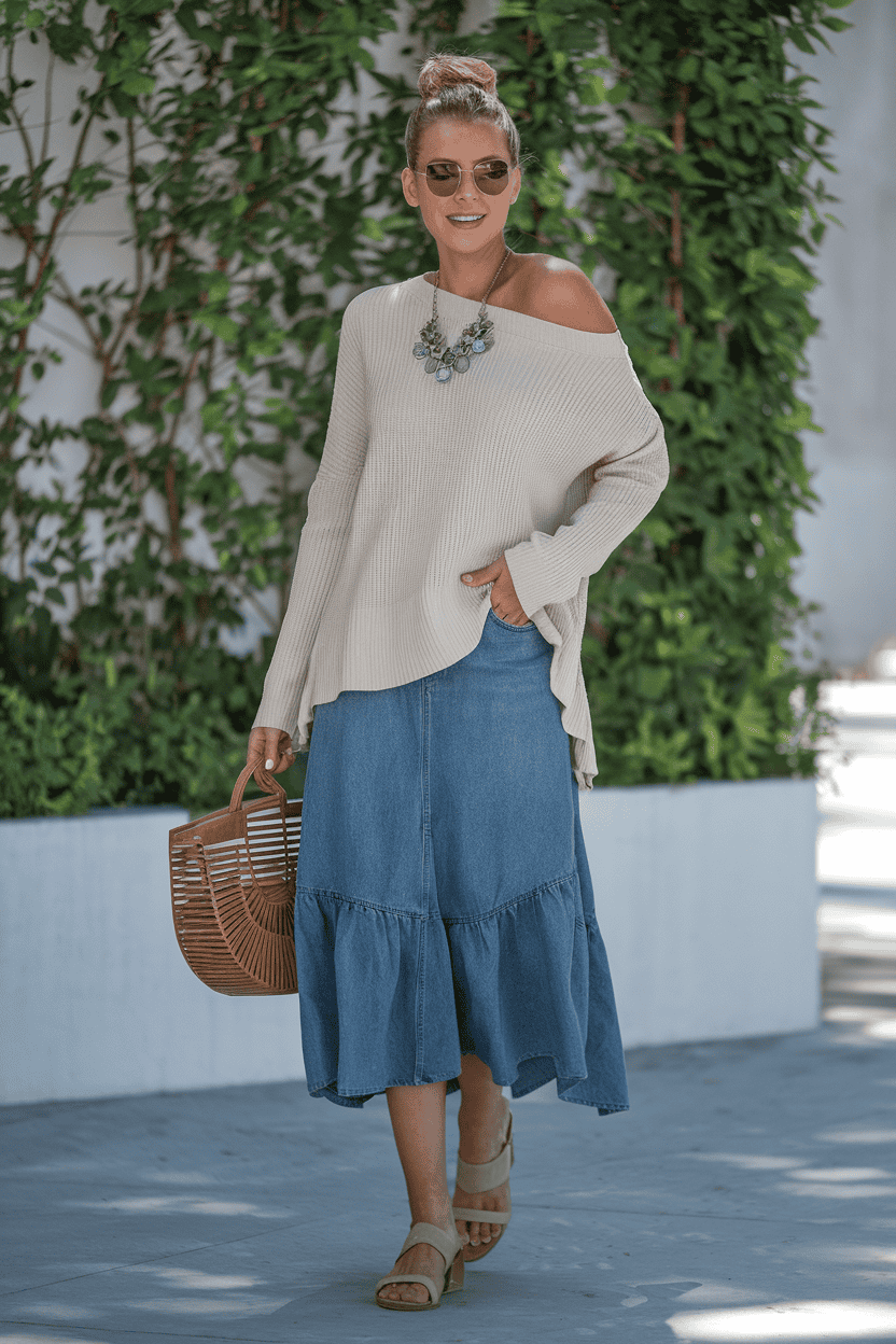 Stylish woman in casual summer outfit smiles outdoors among greenery, showcasing oversized sweater and denim skirt.