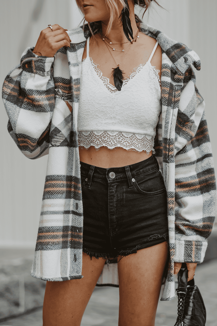 Young woman in a stylish plaid shirt and black denim shorts showcases casual trendy fashion.