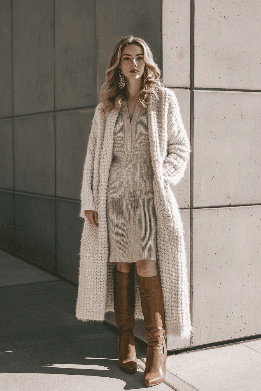 Woman in beige ribbed dress, chunky knit cardigan, and brown boots posing against modern concrete architecture.