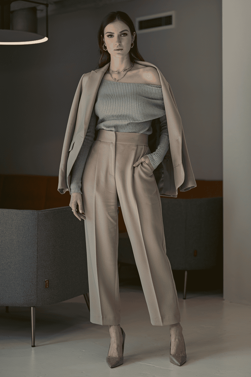 Stylish model in a chic off-the-shoulder sweater and tailored trousers in a modern interior.