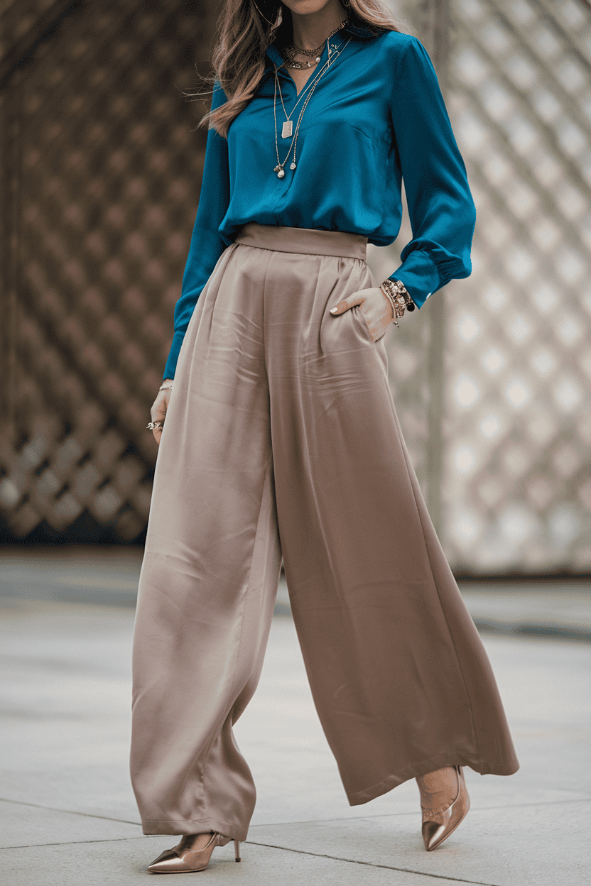 Stylish woman in teal blouse and wide-legged trousers showcases modern urban fashion elegance.