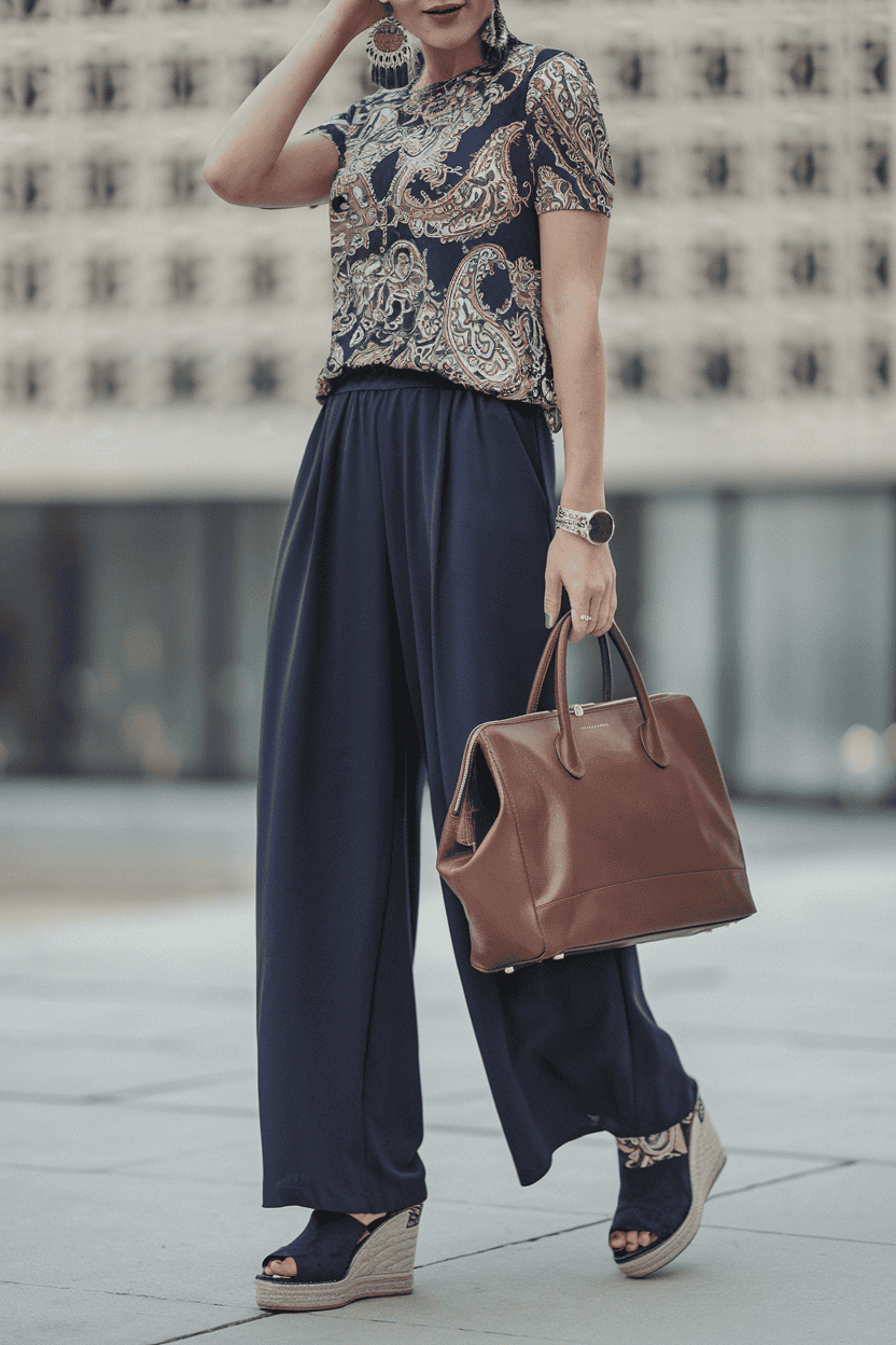 Stylish woman in chic paisley top and wide-leg pants, exuding modern urban fashion.