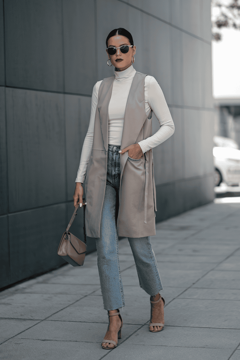 Stylish woman in chic urban outfit confidently walking through a modern city backdrop.