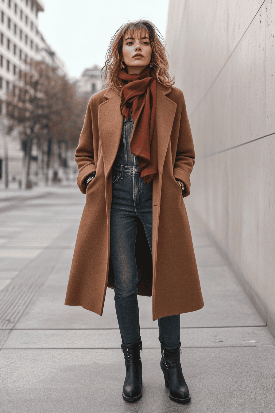 Fashionable woman in brown coat and denim, stylish urban street style, city background.