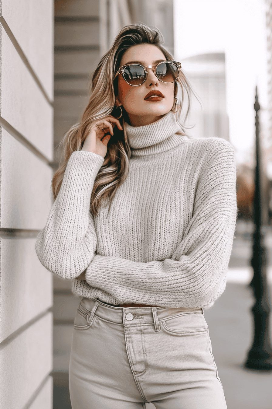 Stylish woman in cream turtleneck and sunglasses posing in urban winter city fashion scene.