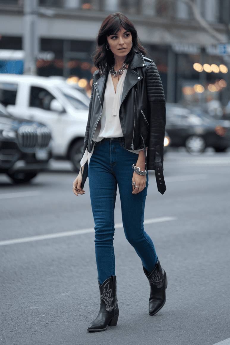 Stylish woman in leather jacket and cowboy boots walking confidently in city street.