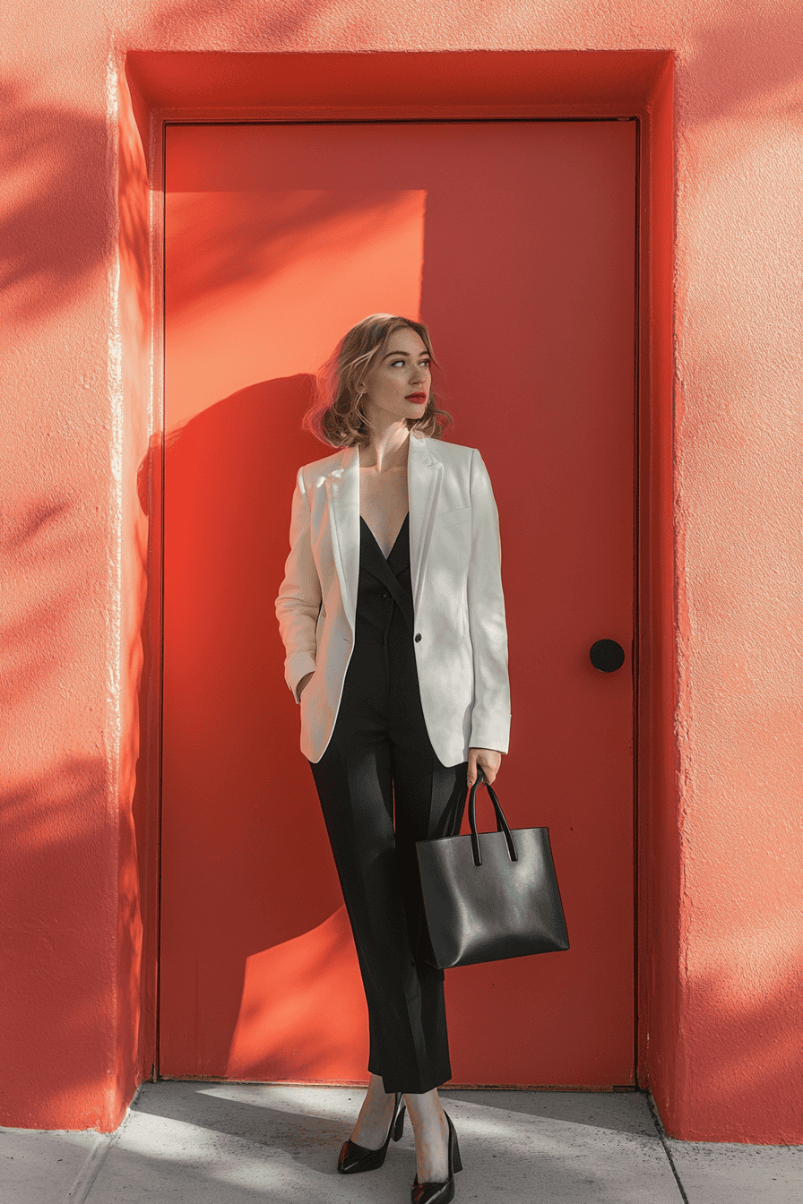 Stylish woman in black and white suit posing by bold red wall with handbag.