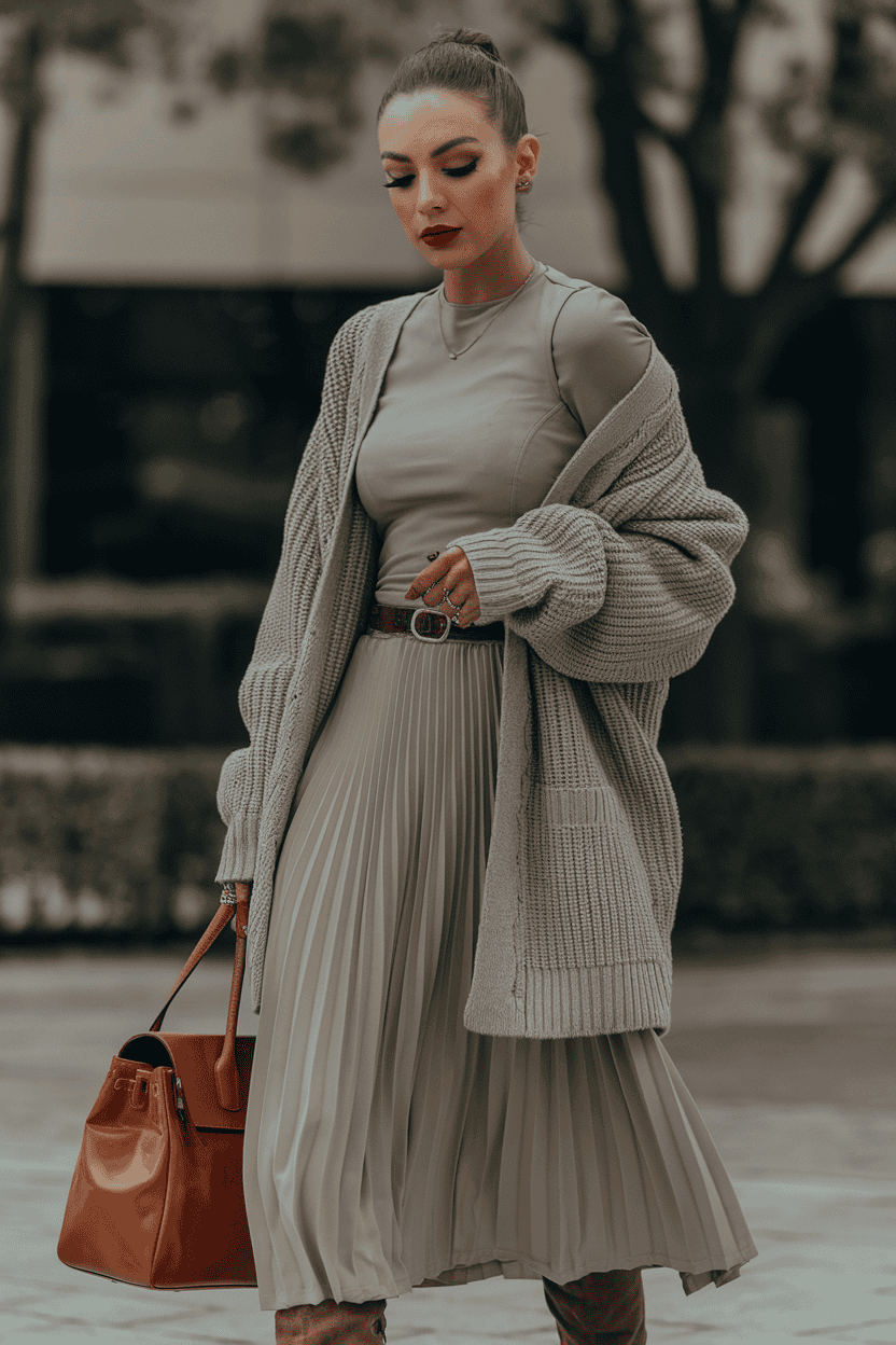 Chic woman in urban setting, stylish taupe dress, cozy cardigan, bold accessories.