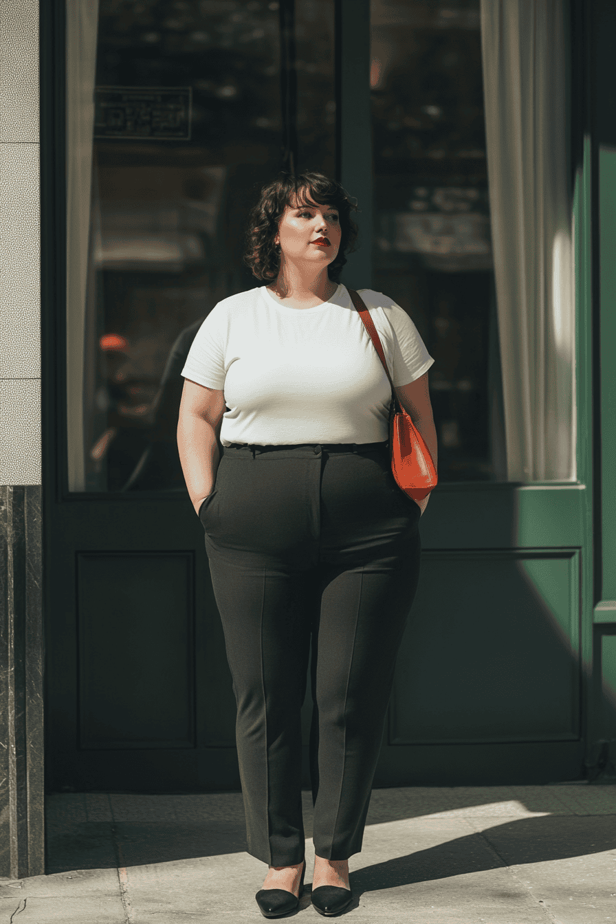 Stylish woman in white t-shirt and black pants posing confidently outside urban storefront.