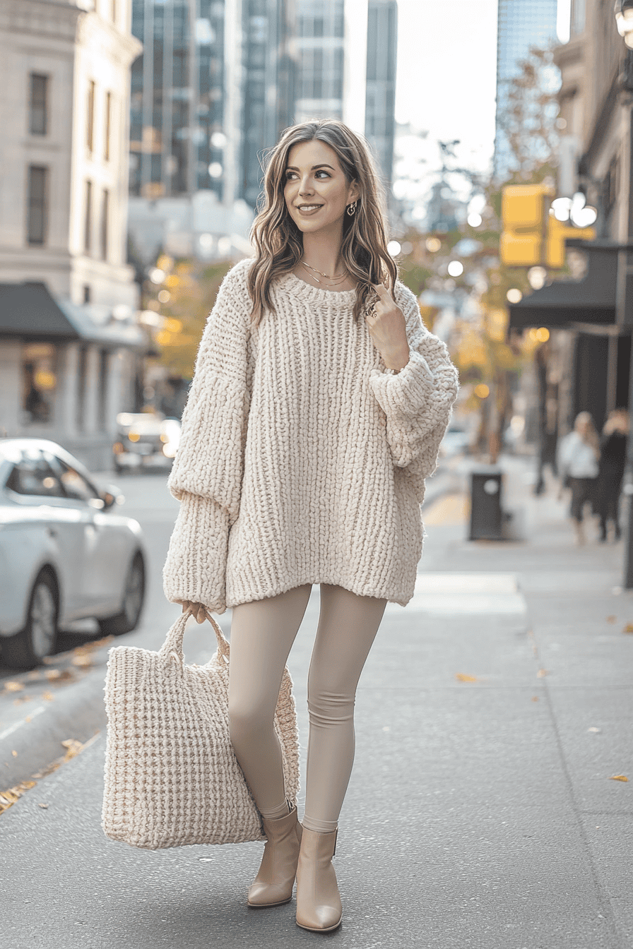 Woman in chunky knit sweater and beige leggings with tote bag on city sidewalk in autumn.