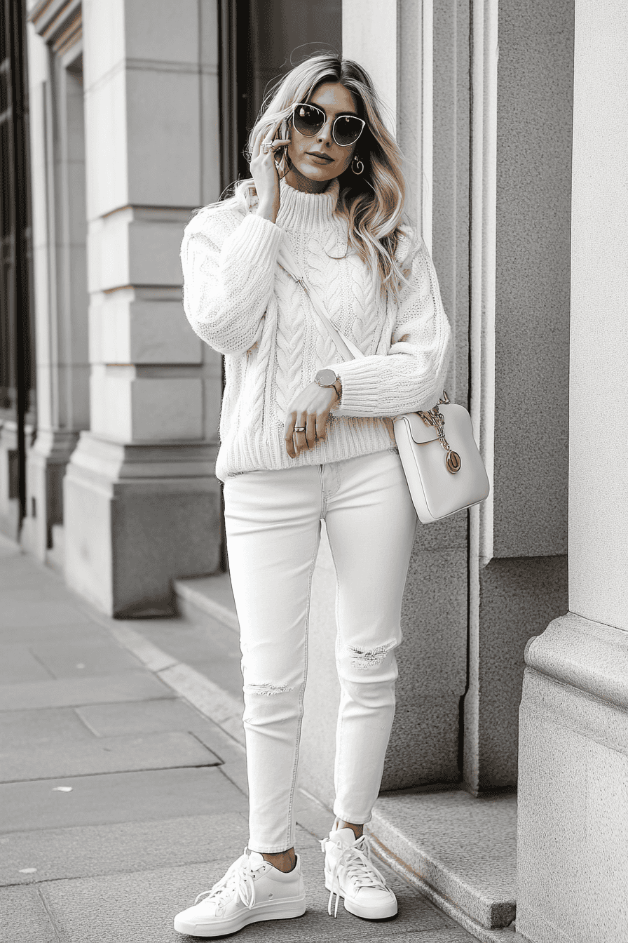 Stylish woman in cable-knit sweater, white jeans, and sneakers posing on city sidewalk.