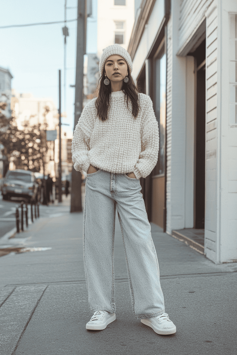 Stylish young woman in cozy oversized sweater, wide-leg jeans, and beanie in urban city setting.