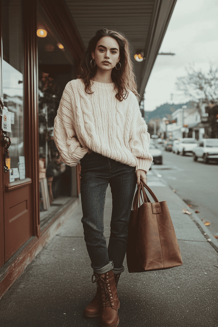 Woman in cozy cable-knit sweater and jeans on autumn city street with leather tote bag.