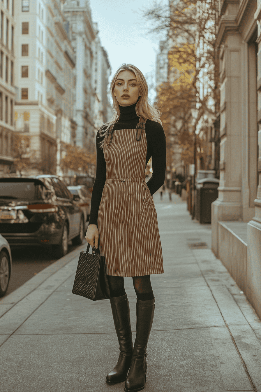 Stylish woman in striped overall dress and boots posing on urban city street in autumn.