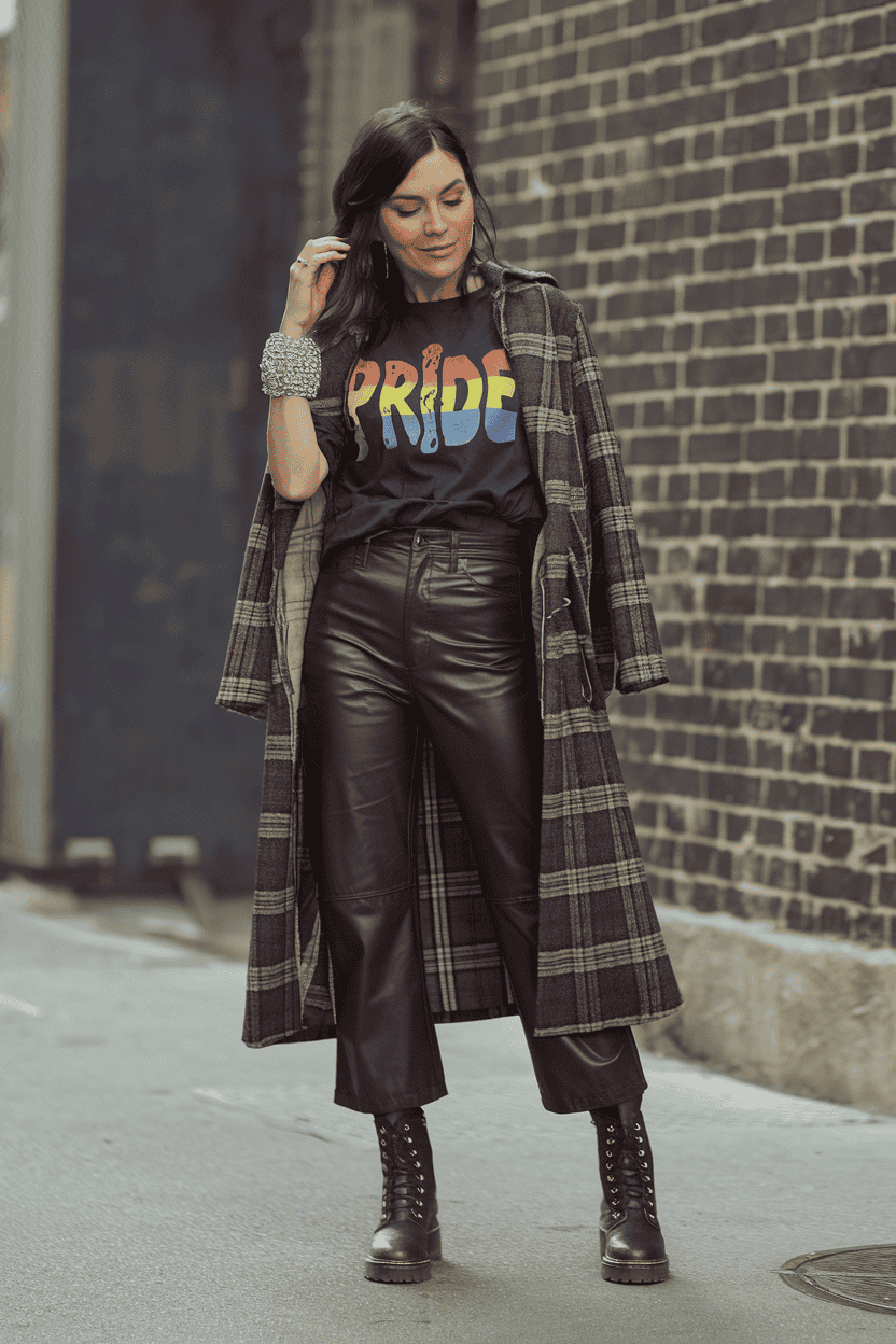 Confident woman in trendy pride shirt and plaid coat, stylishly posing in urban setting.