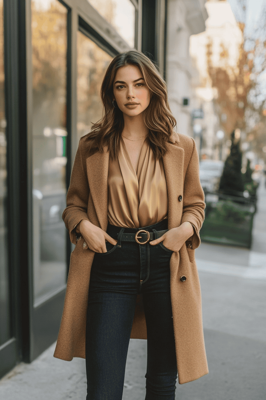 Stylish woman in camel coat and jeans poses confidently on a sunny city street.