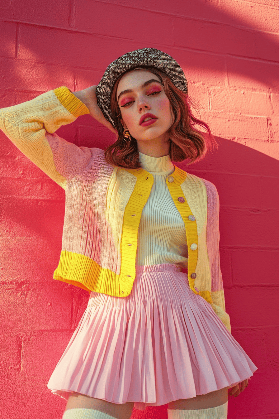 Trendy woman in pastel outfit poses against vibrant pink wall, stylish fashion, bright makeup, aesthetic.
