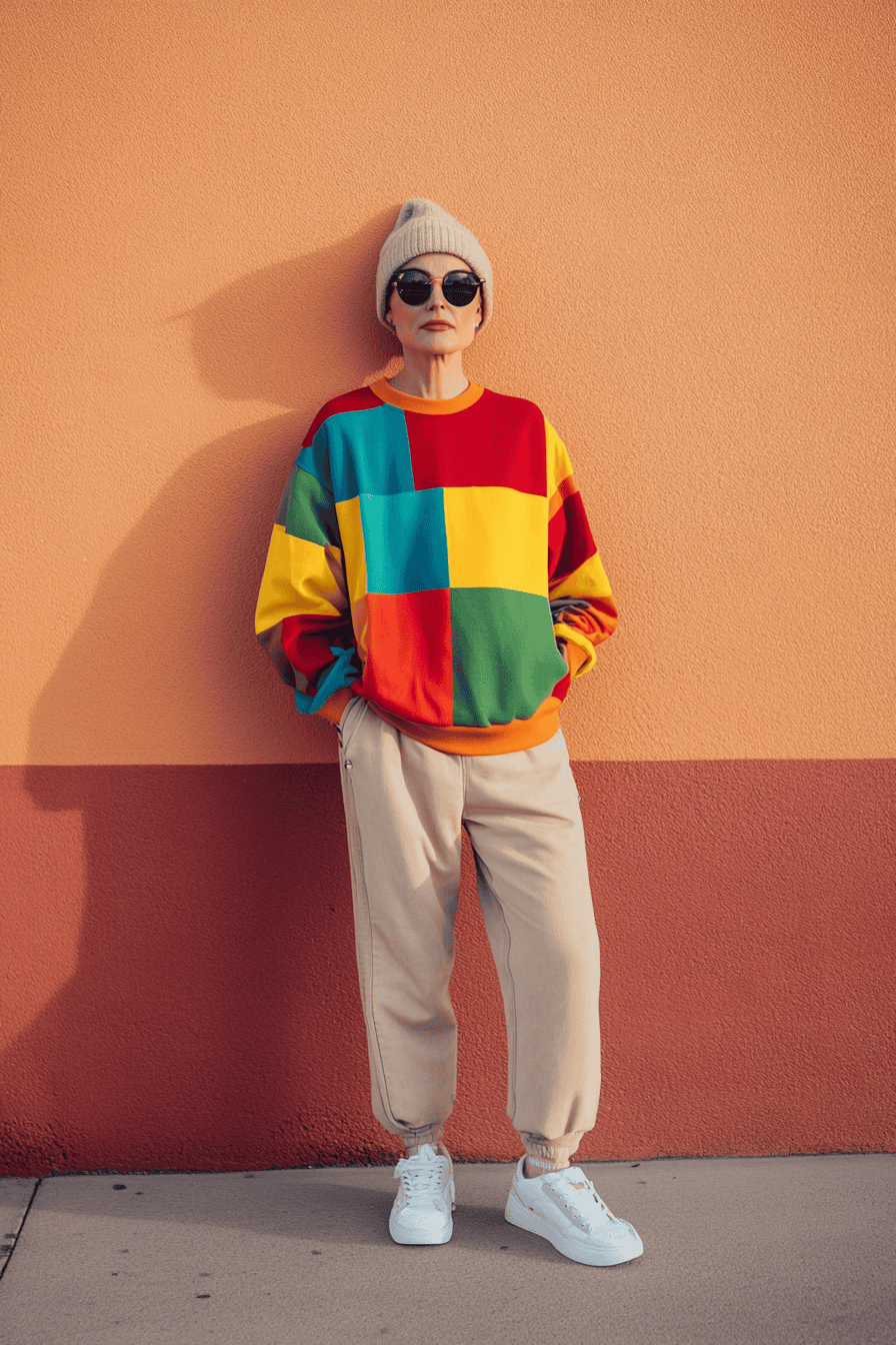 Trendy streetwear model in colorful patchwork sweatshirt posing by orange wall with sunglasses and beanie.