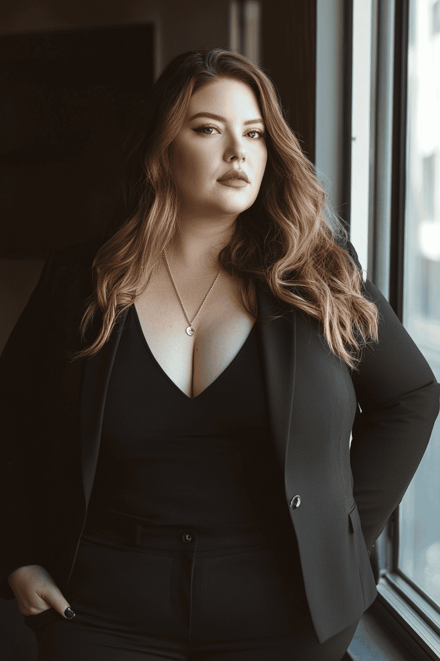 Confident businesswoman in black blazer standing by window, empowered professional fashion, modern office style.