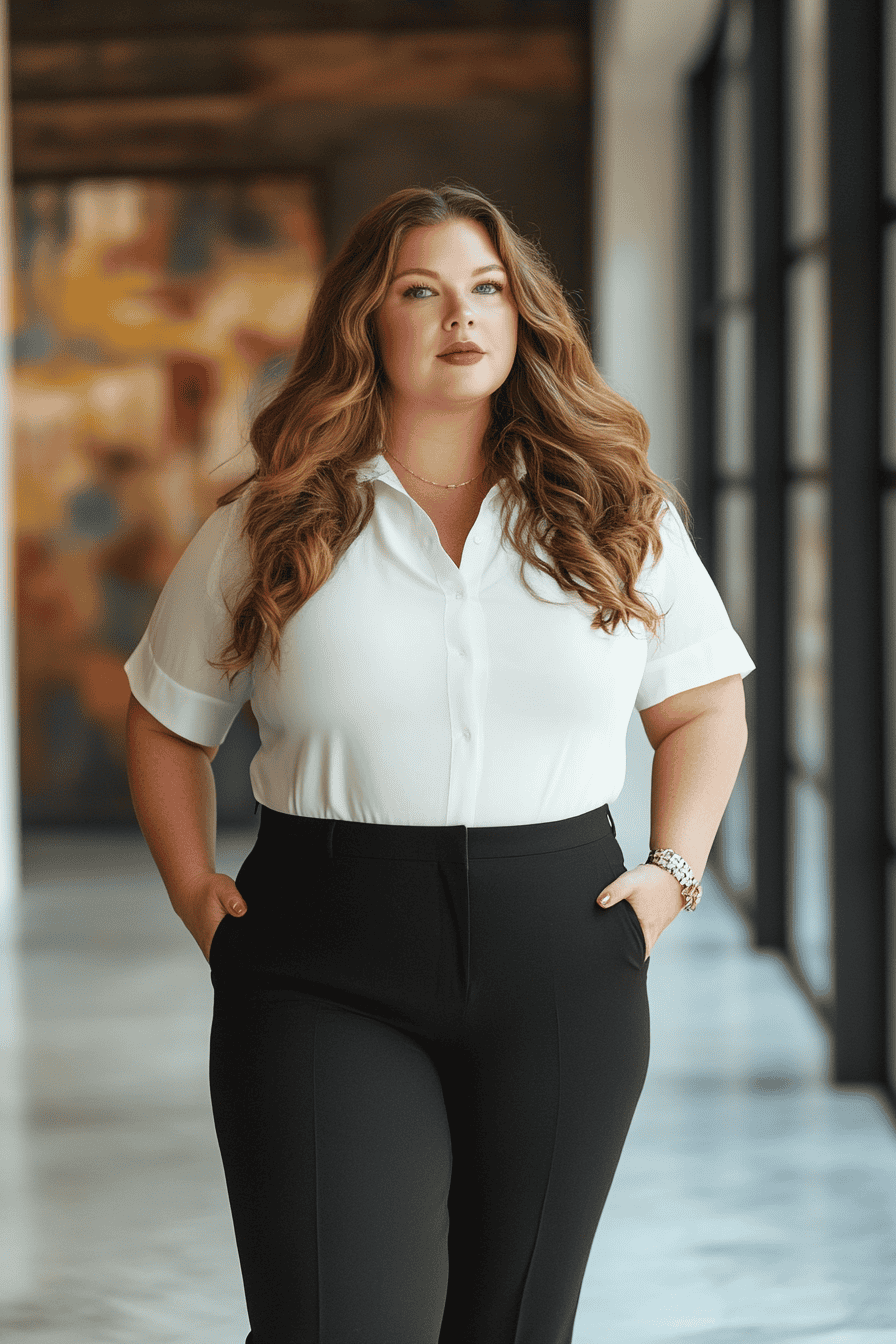 Confident businesswoman in modern office with stylish attire and natural lighting.