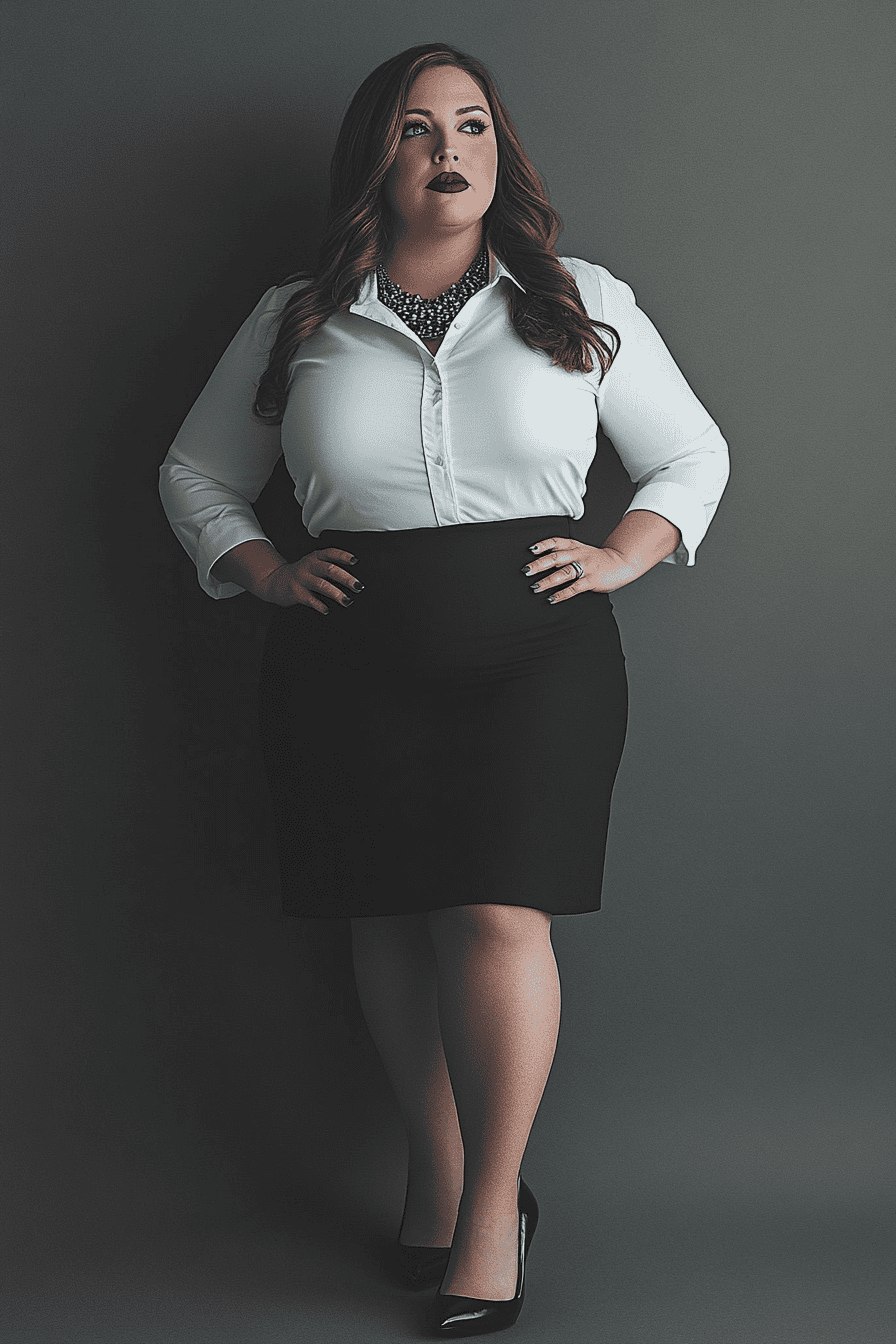 Elegant businesswoman in white blouse and black skirt posing confidently, stylish professional fashion portrait.