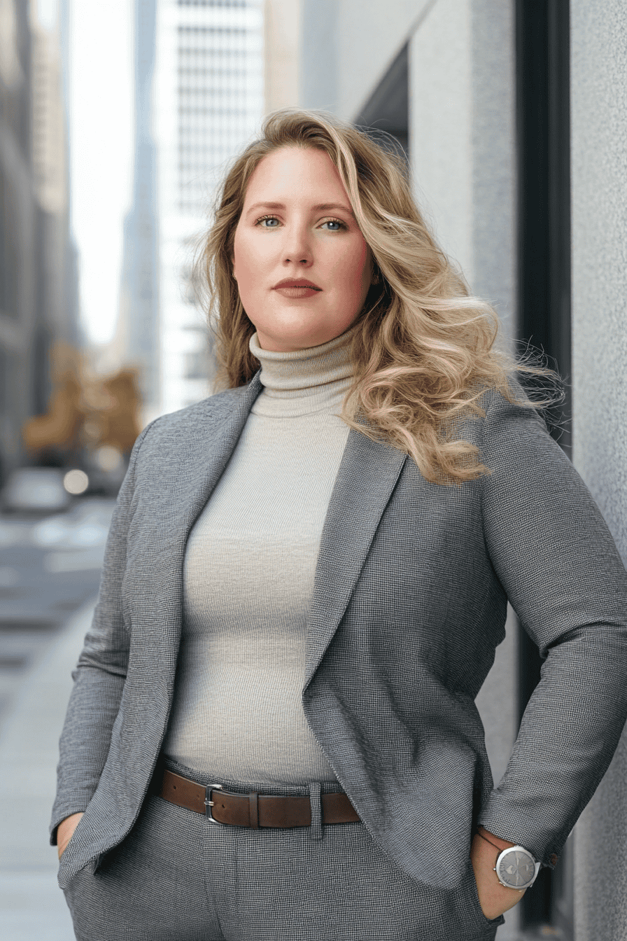 Confident businesswoman in gray suit standing in modern city, professional urban autumn fashion style.