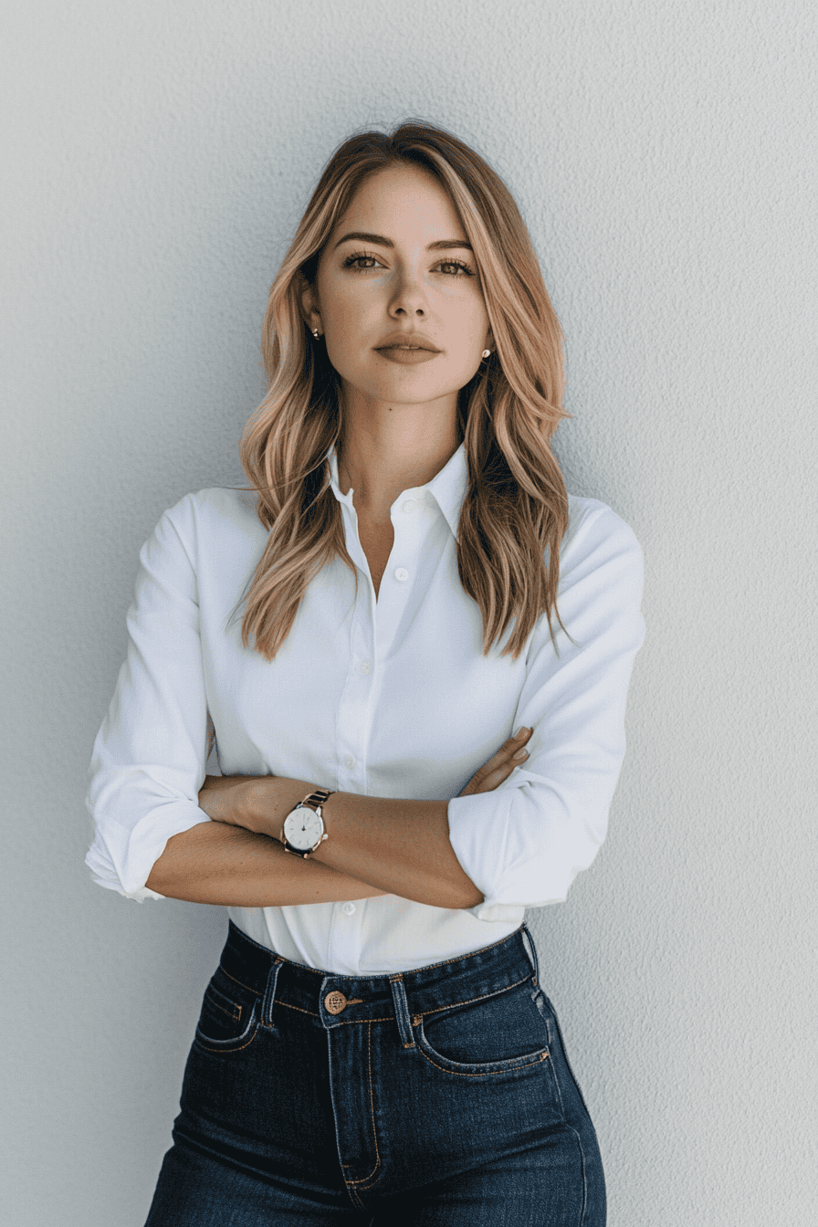 Confident businesswoman in white shirt and jeans standing against light wall, modern professional style.