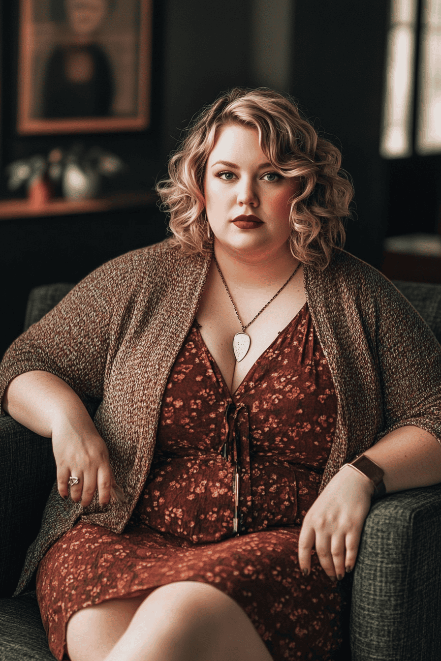 Stylish blonde woman in floral autumn dress sitting confidently on modern chair indoors.