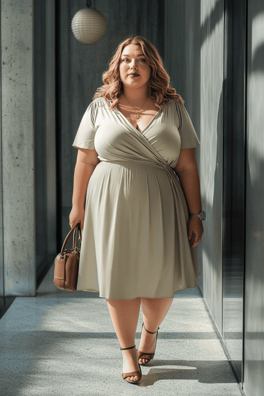 Elegant woman in beige wrap dress walking in modern corridor with large windows and stylish accessories.