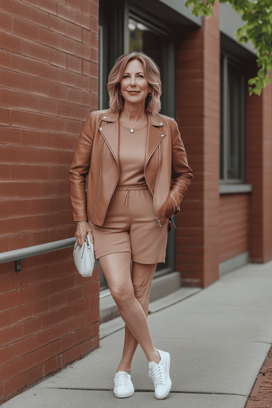 Stylish woman in tan jumpsuit and leather jacket posing by urban brick wall with white sneakers.