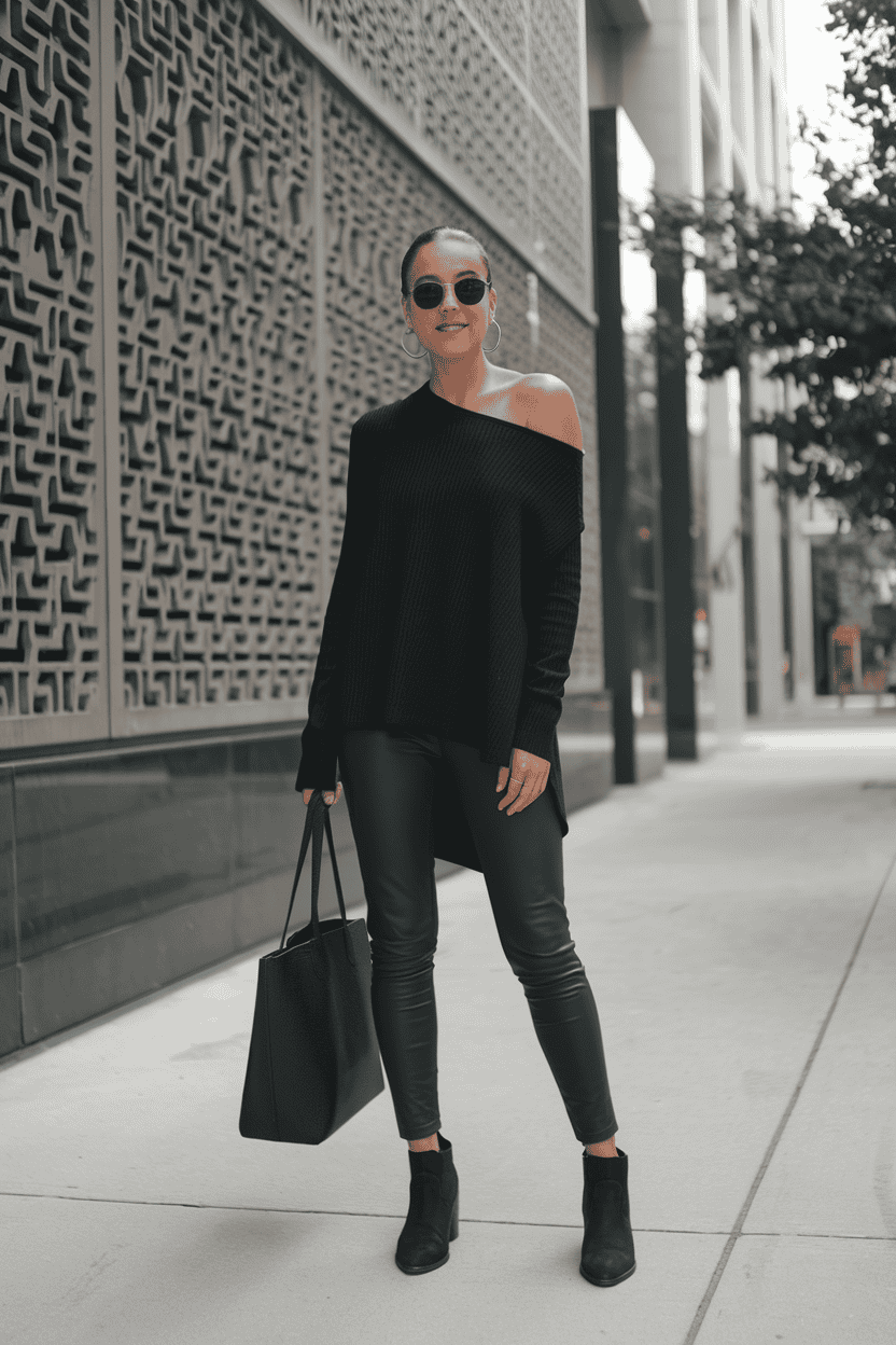 Fashionable woman in oversized sweater and leggings poses confidently against modern urban architecture.