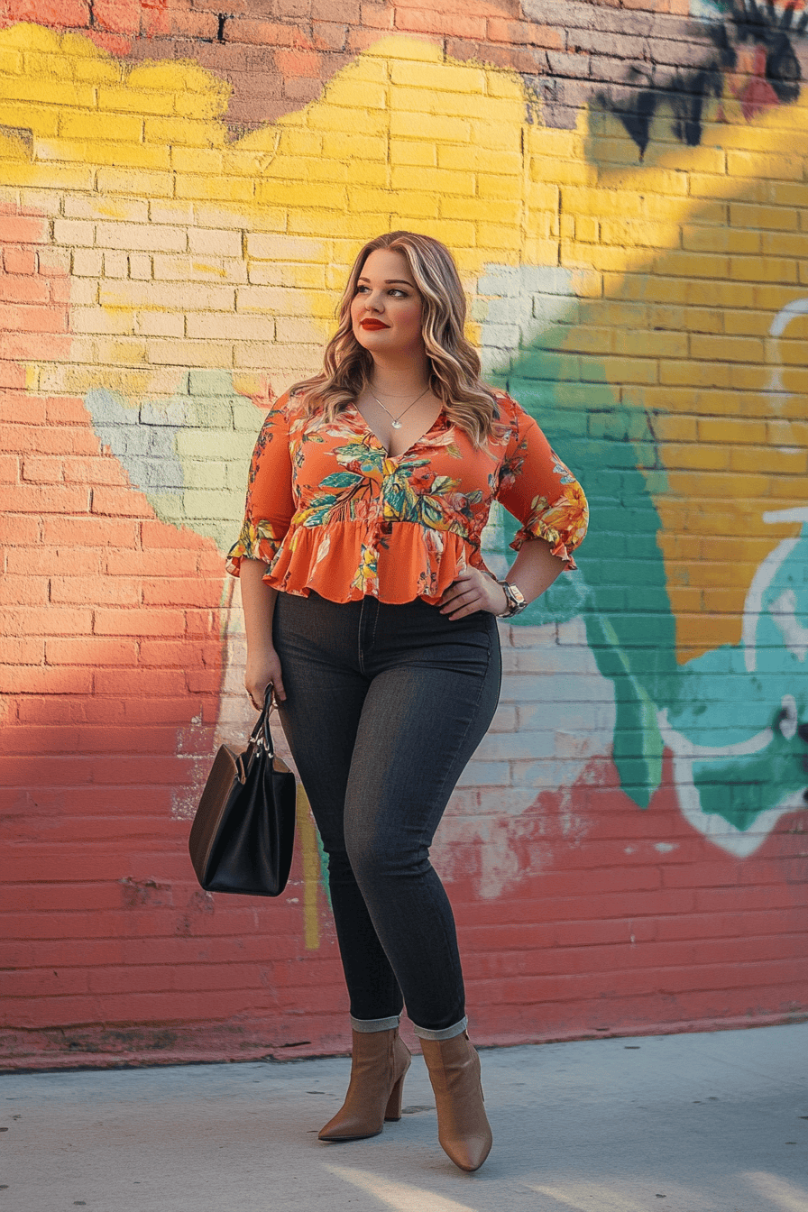 Fashionable woman in orange floral blouse poses confidently by vibrant urban graffiti wall.