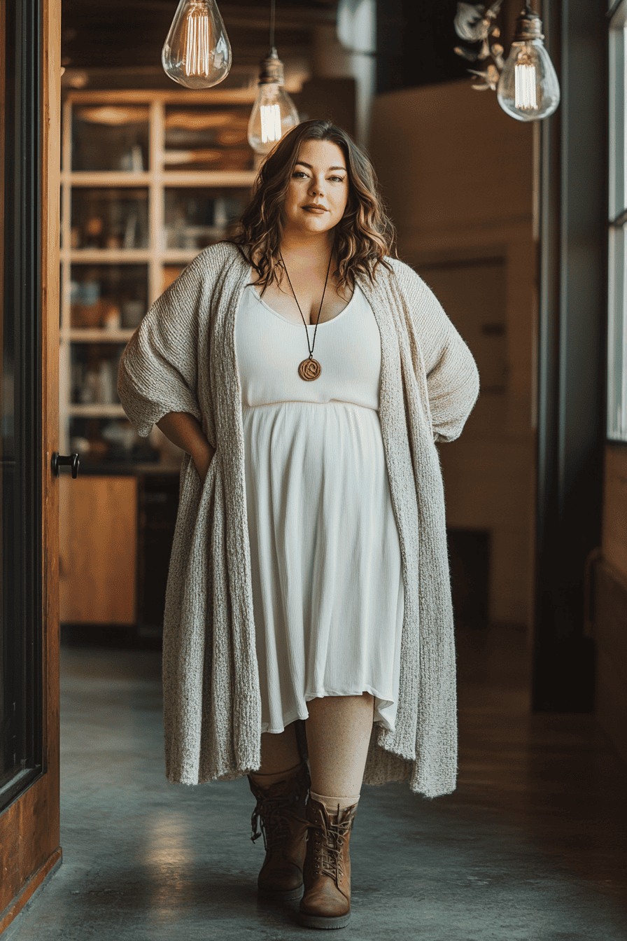 Stylish woman in cozy cardigan and white dress standing in modern, well-lit cafe interior.