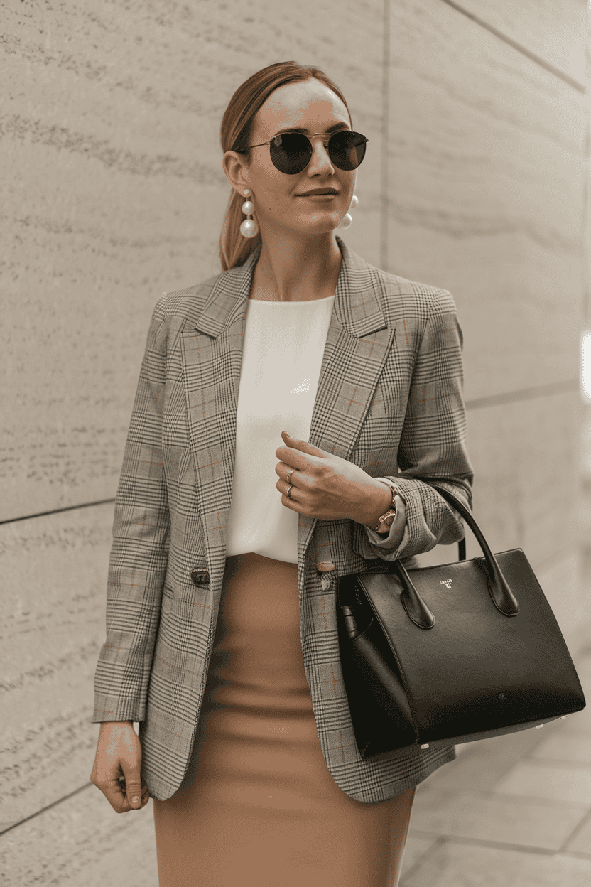 Stylish young woman in gray plaid blazer and pearl earrings, exuding confidence in business attire.