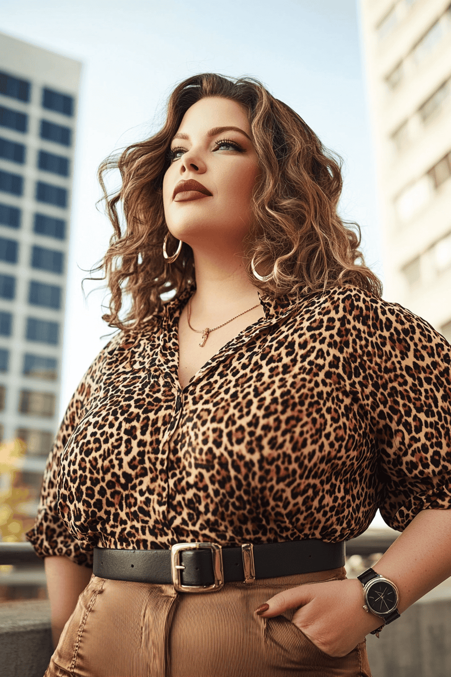 Stylish confident woman in leopard print blouse and tan pants poses in sunny urban cityscape.
