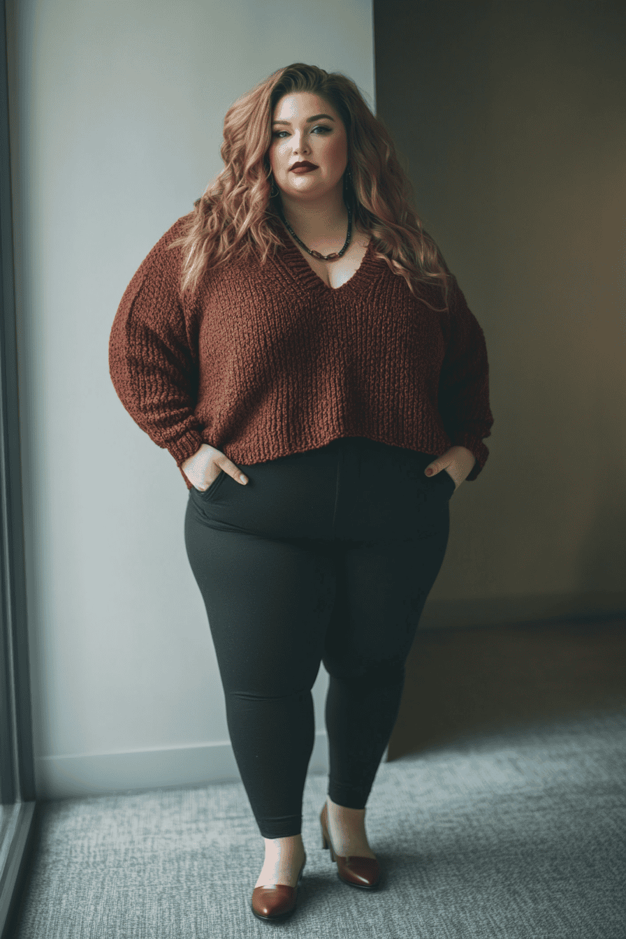 Confident woman in rust sweater and leggings posing indoors, modern fashion style, natural lighting.