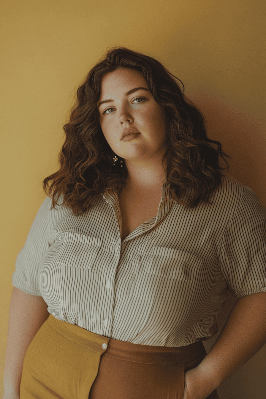 Stylish confident woman with curly hair wearing striped shirt and mustard skirt against yellow background.